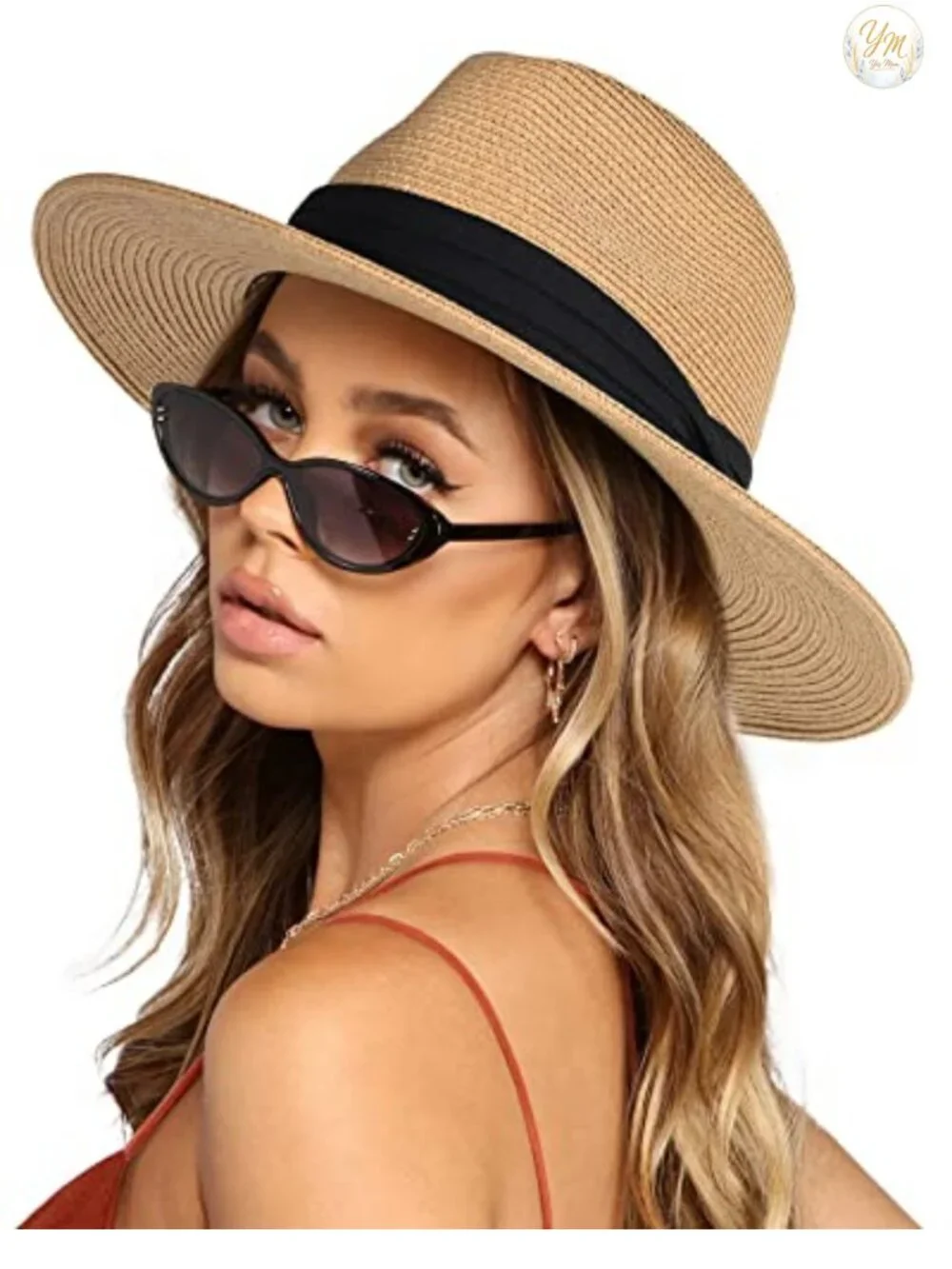 Wide Brim Straw Panama Hat Fedora Summer Beach Sun Hat with Chin Strap